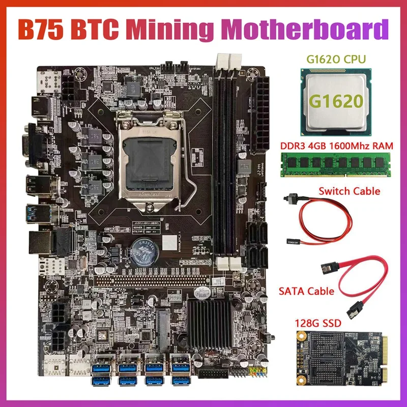 

Материнская плата B75 BTC для майнинга + процессор G1620 + DDR3 4 Гб 1600 МГц ОЗУ + 128G MSATA SSD + кабель SATA + кабель переключателя LGA1155 8xpcie на USB