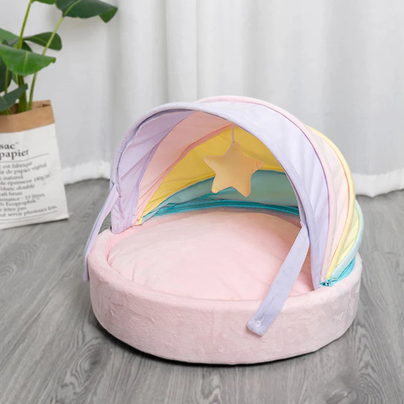 Cute Princess Pet Bed with Removable Mat, Indoor Dog Bed with Canopy, Round Soft Comfortable Pet Bed Dogs Cats Sofa