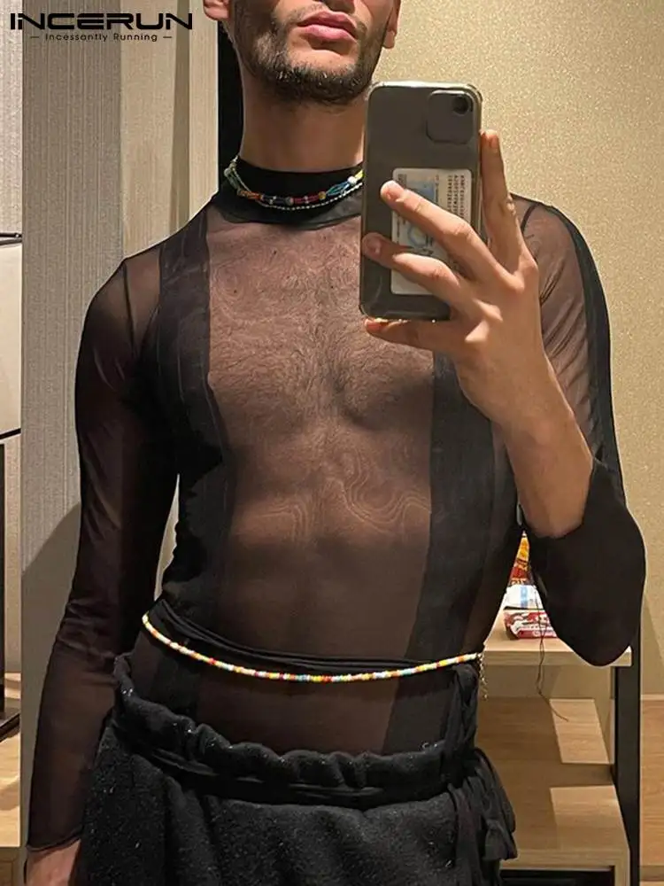 

Футболка мужская сетчатая Прозрачная с высоким воротником и длинным рукавом