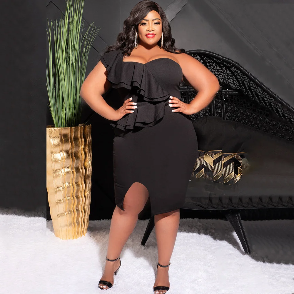 Plus Size Women's Party Dresses Fashion Casual Ruffle Slit One Shoulder Sleeve Dress Large Size Female Solid Color Elegant Dress