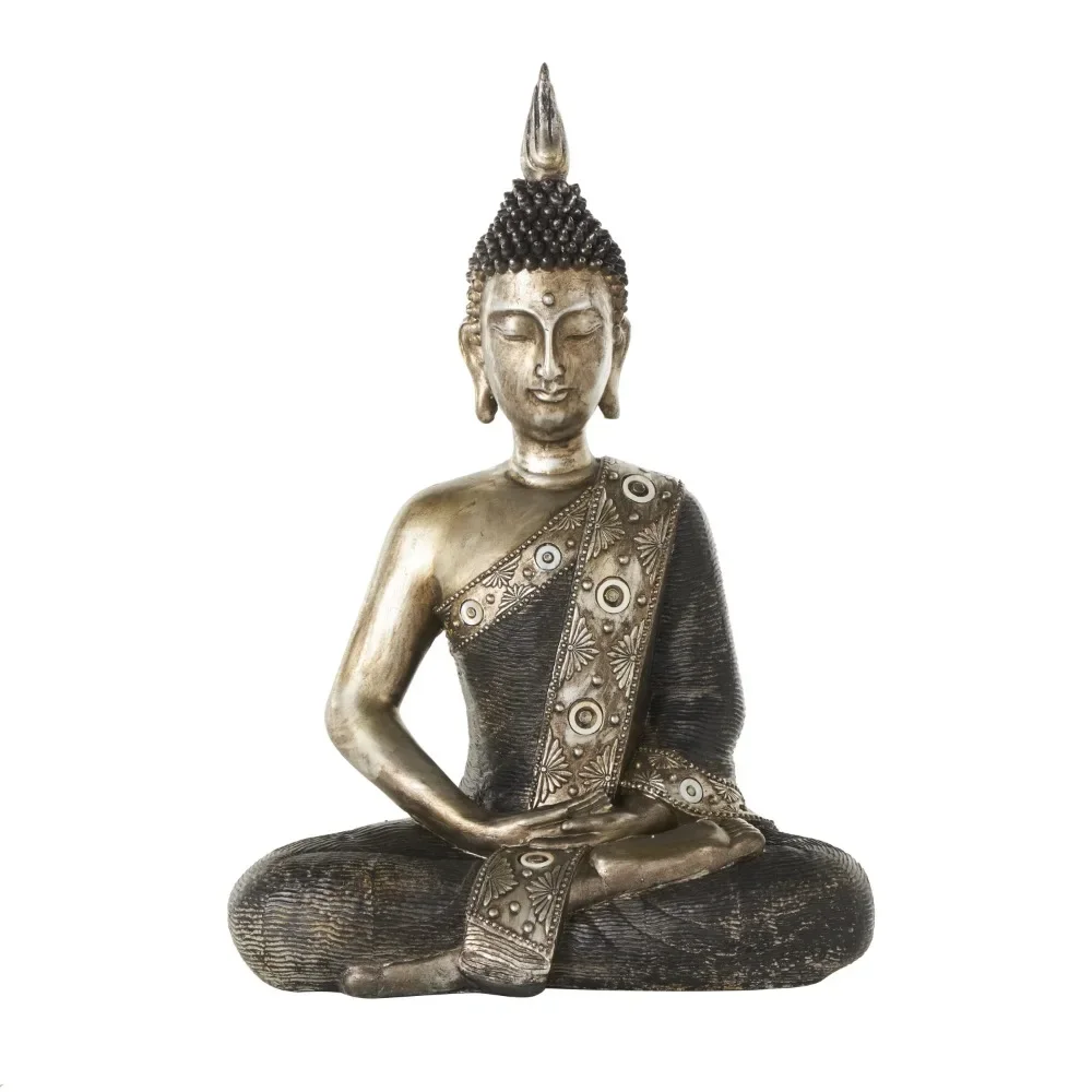 

12" X 16" Brass Polystone Meditating Buddha Sculpture With Engraved Carvings and Relief Detailing Home Decorations Decoration