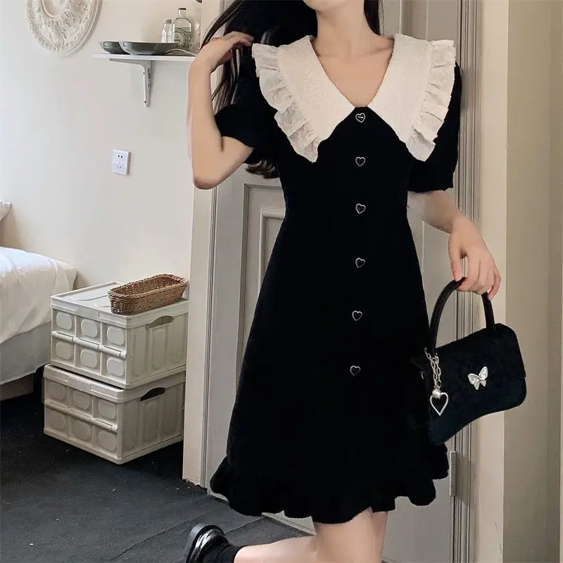 

Black Ruffled Mini Dress Fashion Short Dress for Women Girl Japanese Kawaii A-line Pleated Dress Summer Clothing Korean 2022