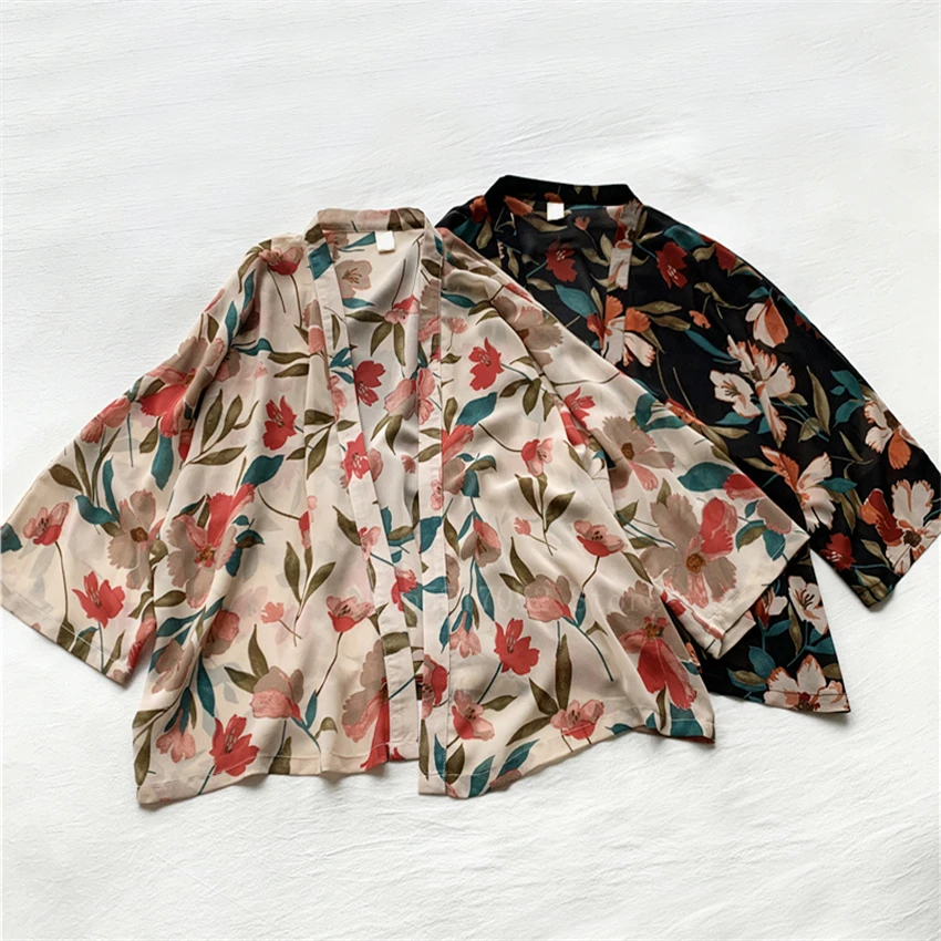 

Richkeda Store New Women Harajuku Cardigan Japanese Kimono Summer Floral Loose Blouse Thin Transparent Sunscreen Coat Clothes