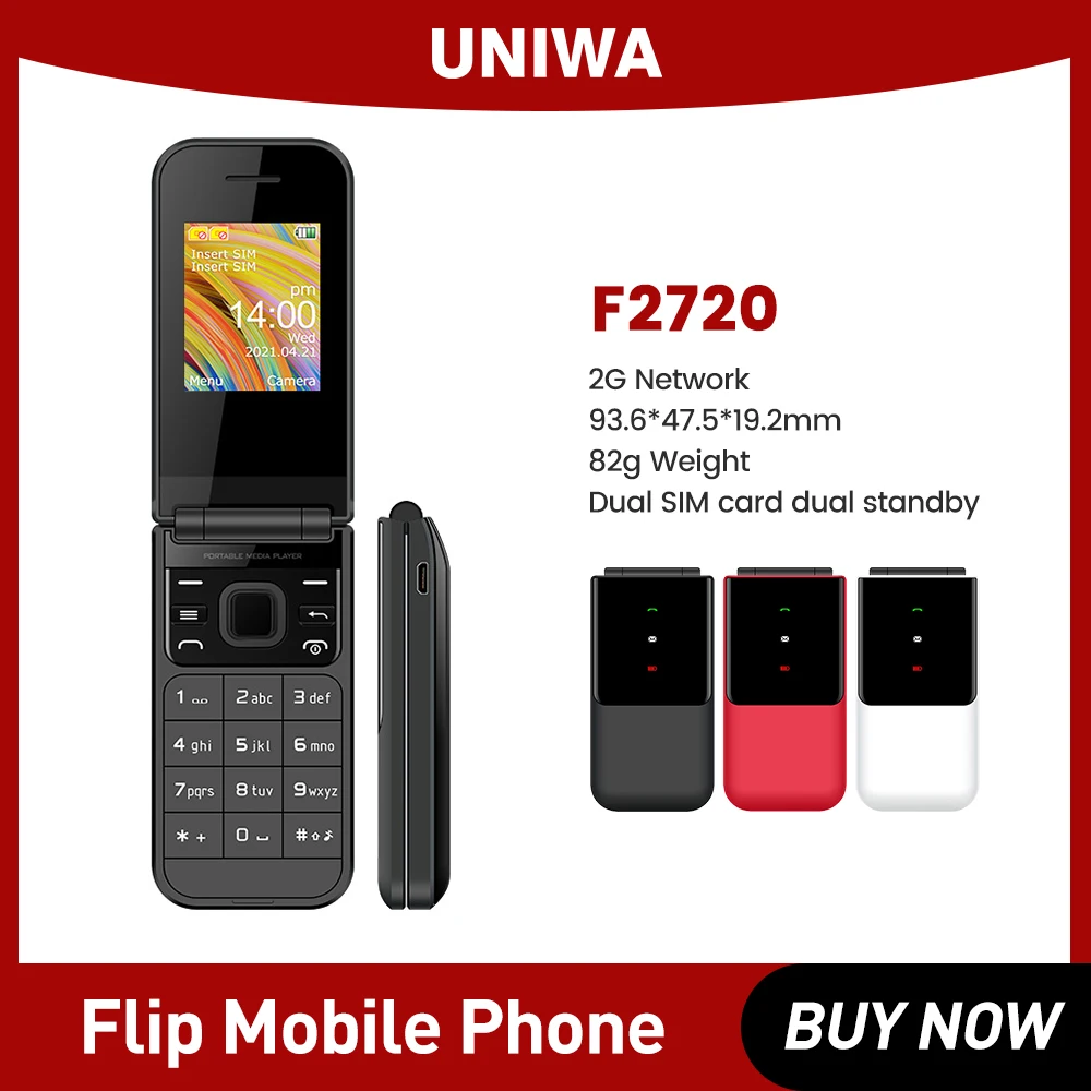 UNIWA F2720 2G Cellular CellPhone Flip Mobile Phone Dual SIM Card GSM 1.7'' 160*128 Feature Phone 3.5MM Jack Wireless FM Radio