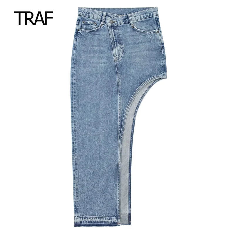 

TRAF Asymmetrical Denim Skirt Women Summer 2023 Blue High Waist Pocket Opening Sexy Female Jeans Skirt Fashion Korean Streetwear