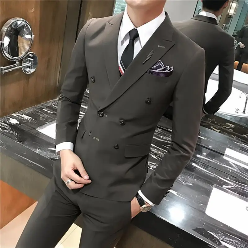 

2022 New V-neck Men Blazer Pants Business Casual Two Pieces Set Male Wedding Suit Jacket Coat Trousers Slim Fit Dress Set H205