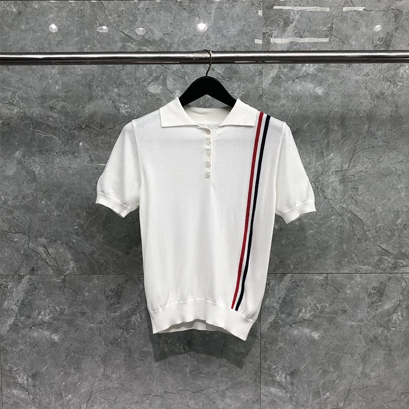 

TB THOM Women's T-shirt Stripe Element Design Lapel Button Slim Leisure Short Sleeve Fashion Brand Summer New Comfortable Tees
