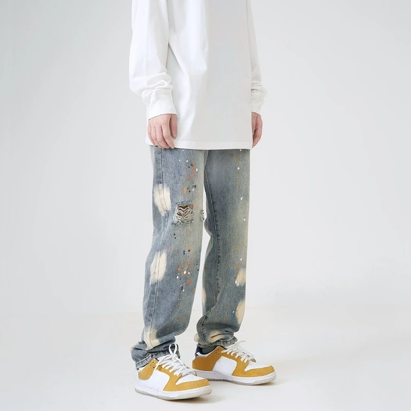 American High Street Retro Splash-Ink Ripped Jeans Men's Fashion Brand Hip Hop Loose Straight Slimming Street Casual Trousers