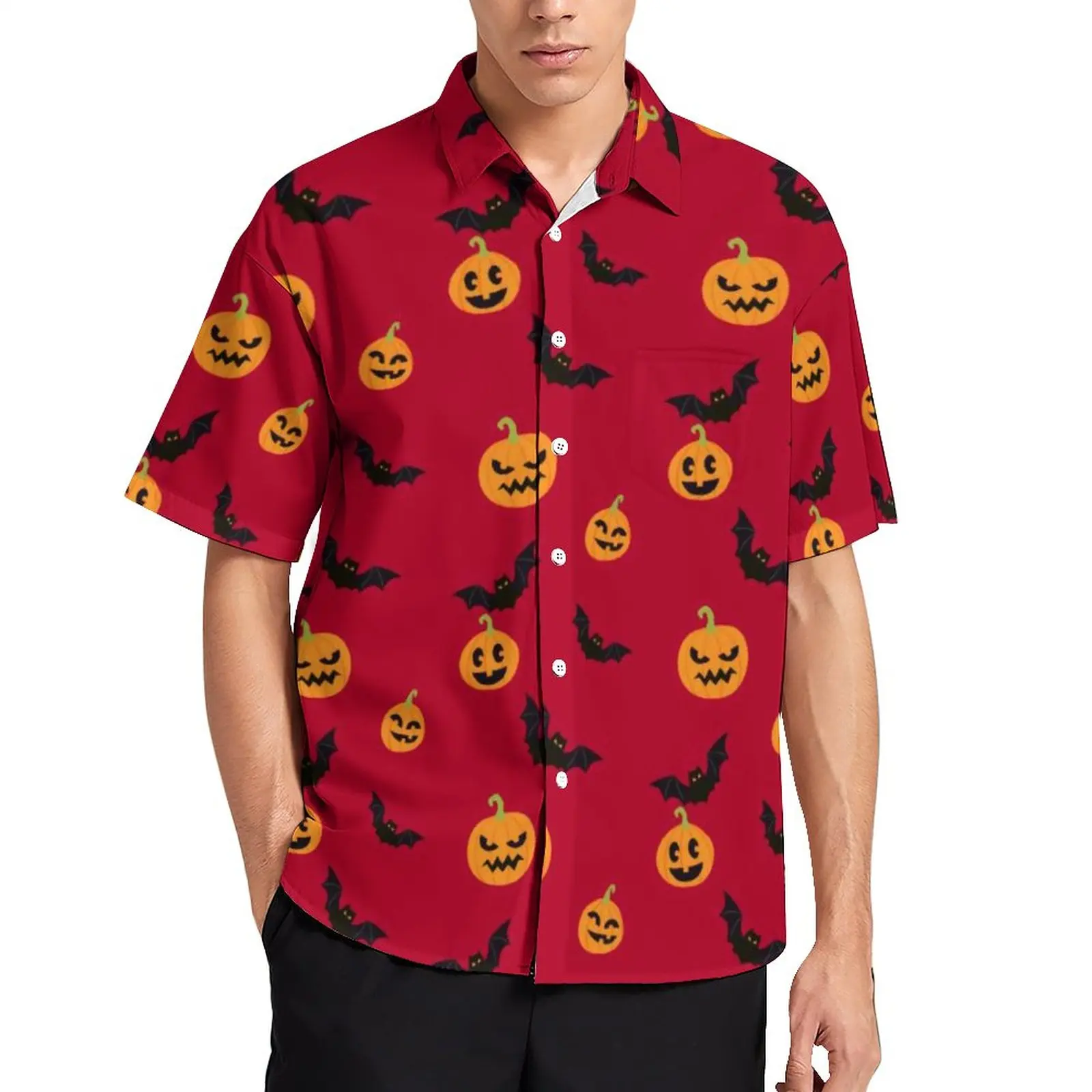 

Black Bat Pattern Blouses Man Halloween Red Pumpkin Casual Shirts Hawaiian Short-Sleeve Design Aesthetic Oversize Vacation Shirt