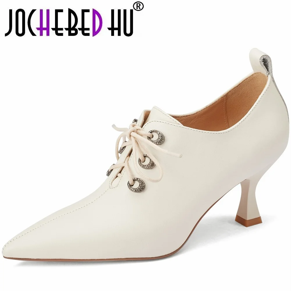 【JOCHEBED HU】Brand Genuine Leather HIgh Heels Pointed Toe Lace Up Black White Office &Career Sewing Thin Heels Women Shoes 33-40