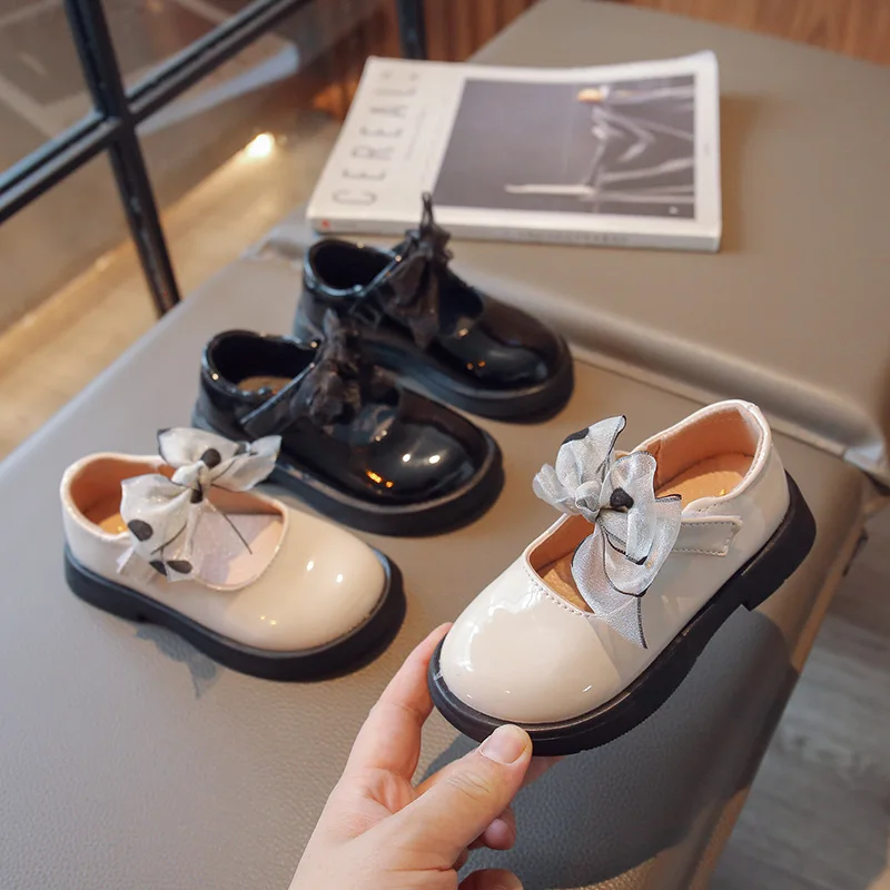 

Girls Leather Shoes for Dancing Party Wedding Black School Kids Flats with Lace Bowtie Princess Sweet Fashion 2023 Spring 26-36