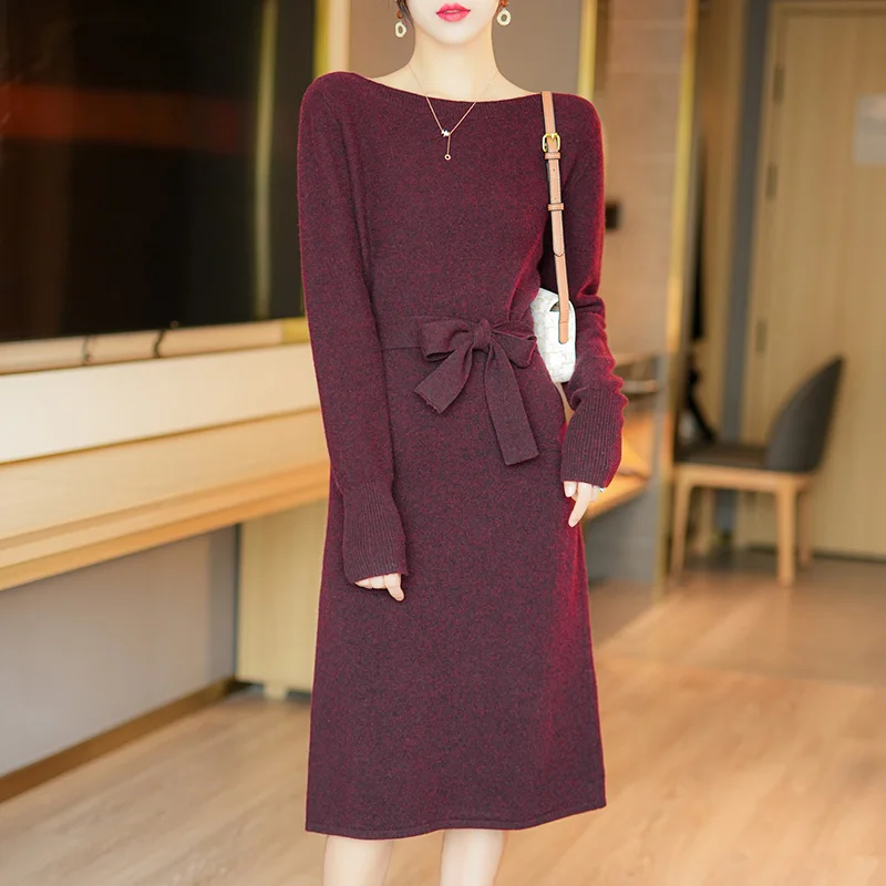Long Sweater Autumn/Winter New 100% Pure Wool Pullover Casual Solid Knitted Long Skirt Straight Neck Belt Knee Length Dress
