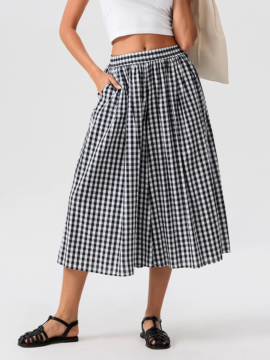 Женские клетчатые Капри брюки-Капри с эластичным поясом и широкими штанинами