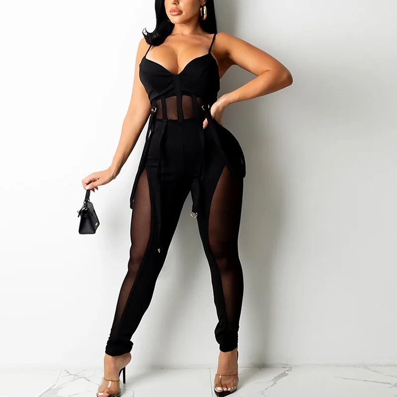 

Summer Fashion New Spaghetti Strap Mesh Slim Jumpsuit Party Club Sexy Overalls European and American Style See-through Jumpsuits
