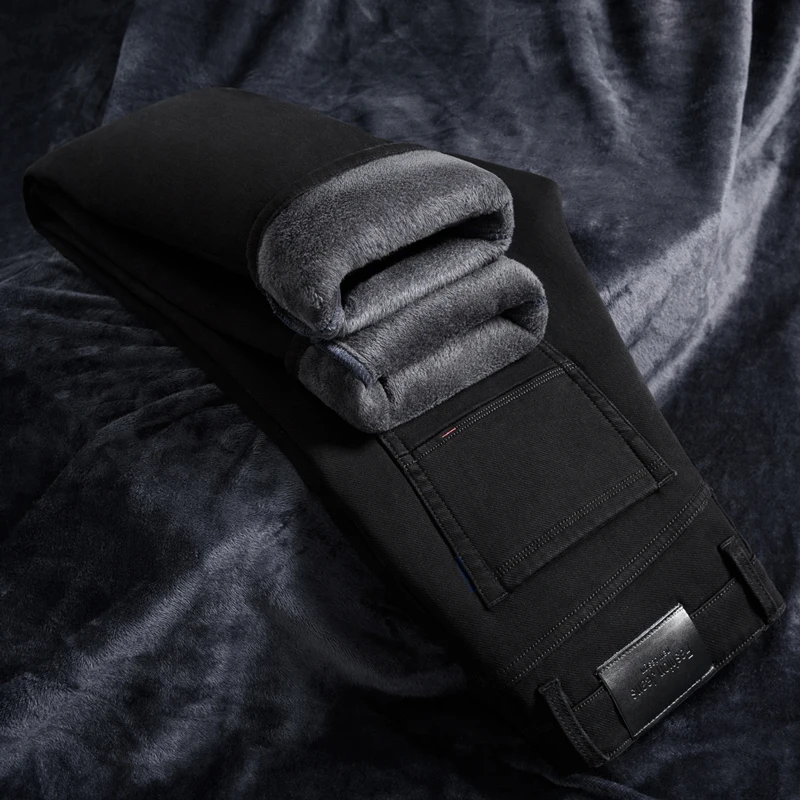 Зимние Брендовые прямые невыцветающие черные джинсы флисовые плотные теплые