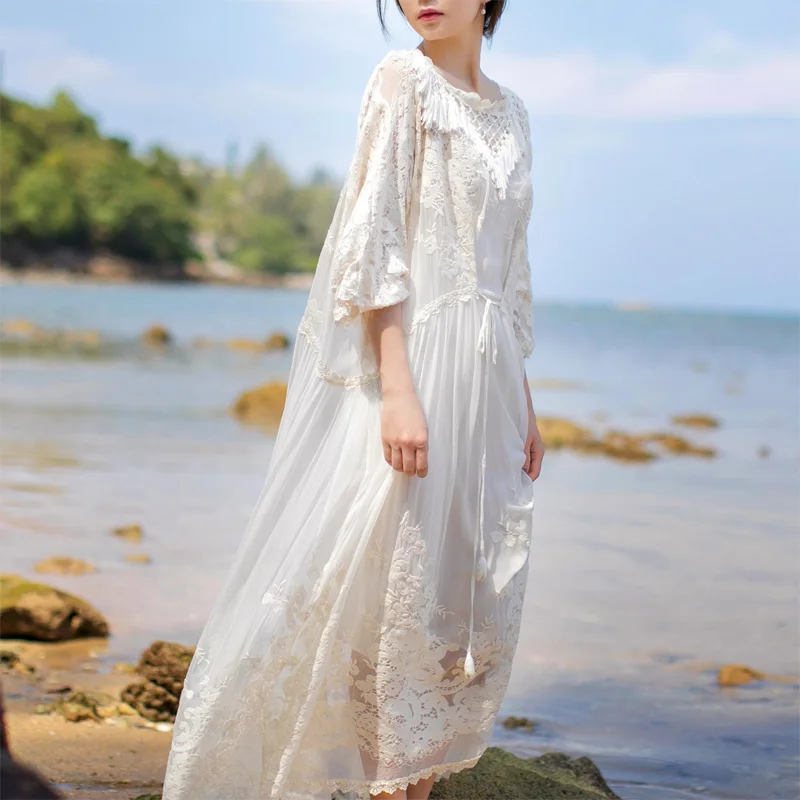 2022 Spring Fairy Embroidery Women Long Dress Lace Loose Casual Holiday Women Clothing Large Hemline Tassel Summer Dress