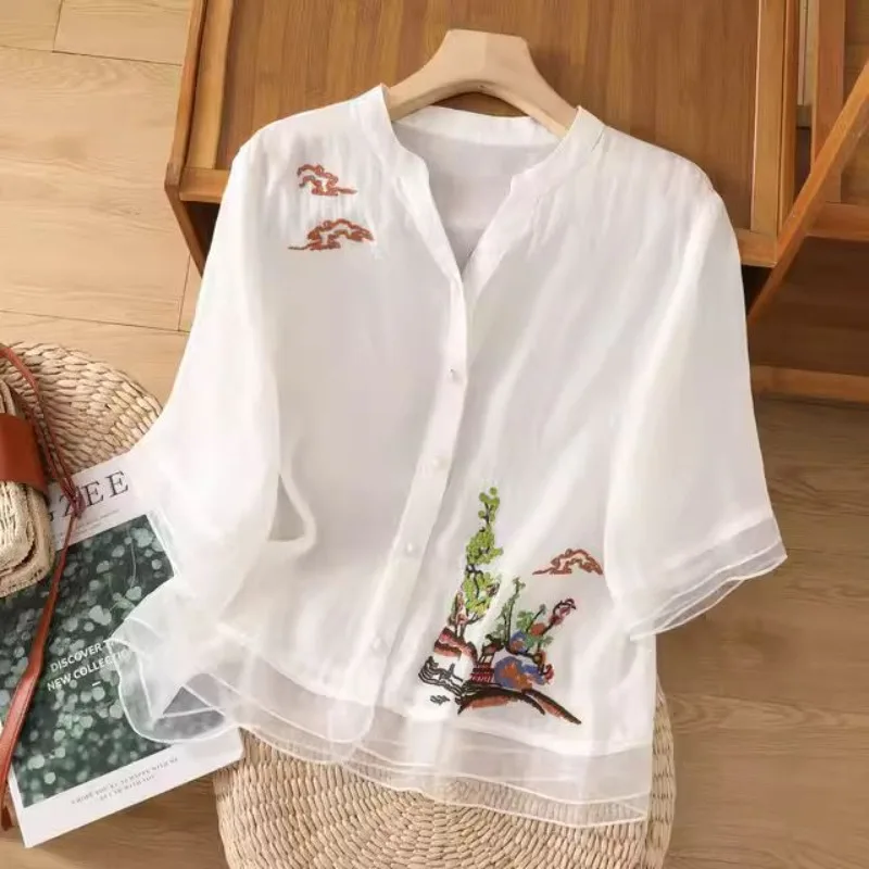 

Spring Summer Blouses New Cotton Hemp Literature Art Fashion Shirts Retro Embroidery V-neck High Regular Style Women's Shirt Top