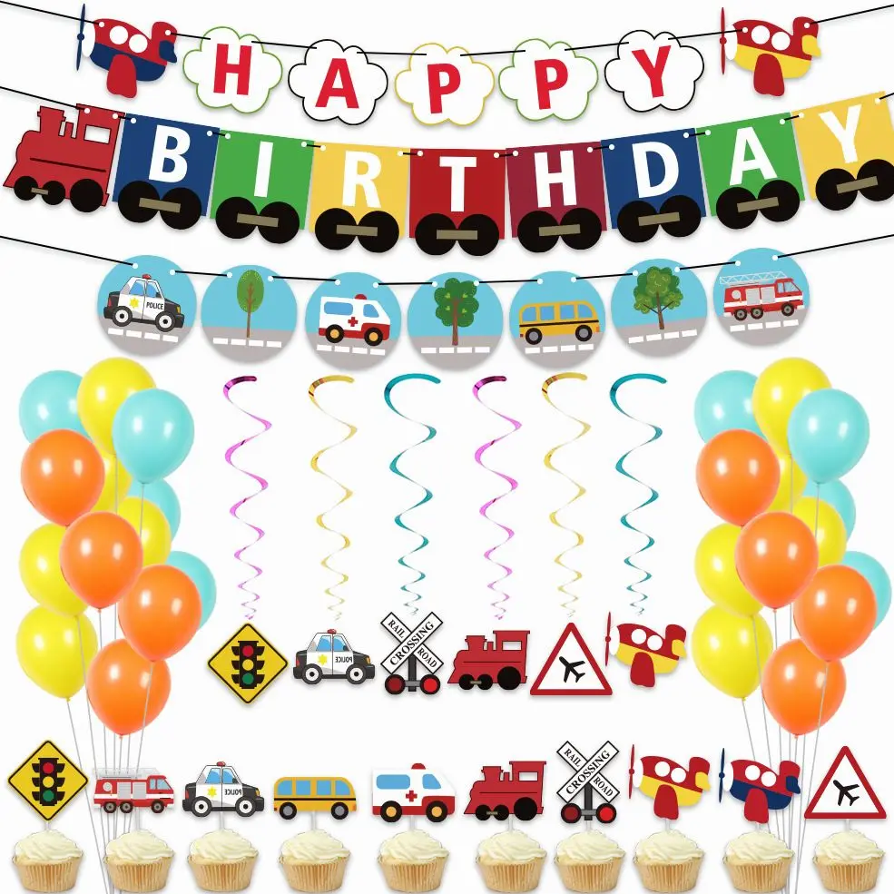 

JOLLYBOOM Transportation Theme Party Balloon Set with Vehicle Banner Cupcake Topper Hanging Swirls for Boys Birthday Supplies