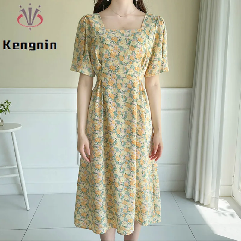 

Женское платье с цветочным принтом, желтое свободное короткое платье в Корейском стиле, модель KE2802, лето 2022