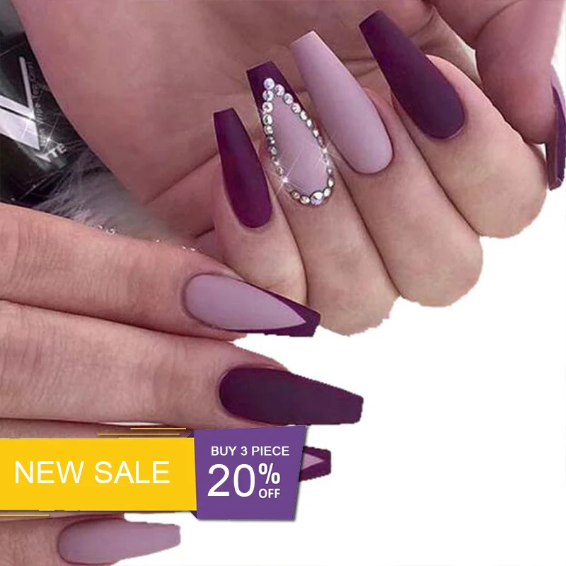 

V-shape French Ballerina Coffin False Nails Purple Gradient Long Ballet Fake Nails Rhinestone Design Full Cover Press On Nail