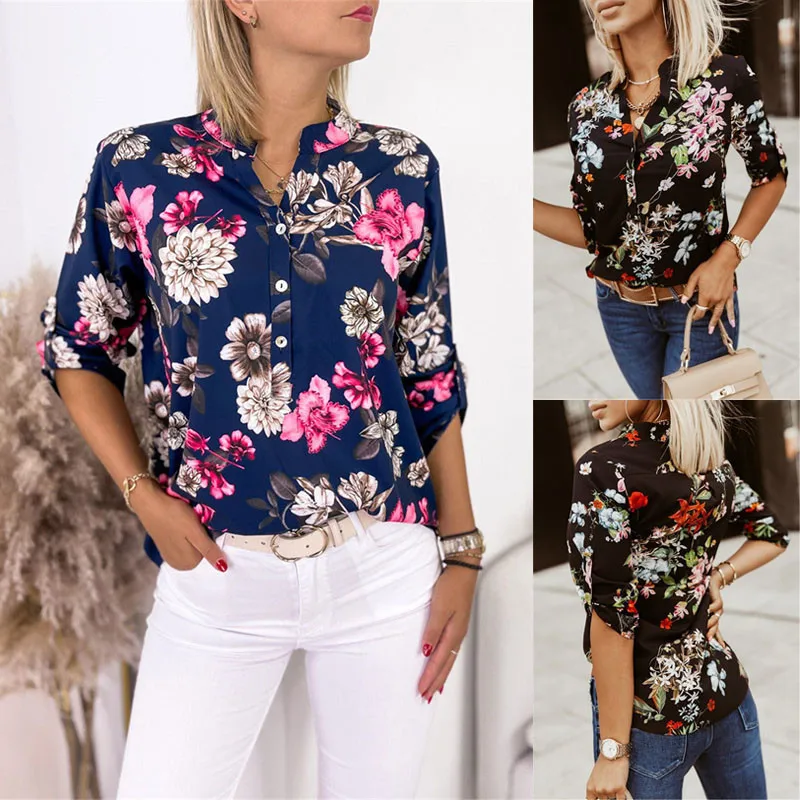 

2023 Summer New Women's V-neck Long sleeve Printed Shirt