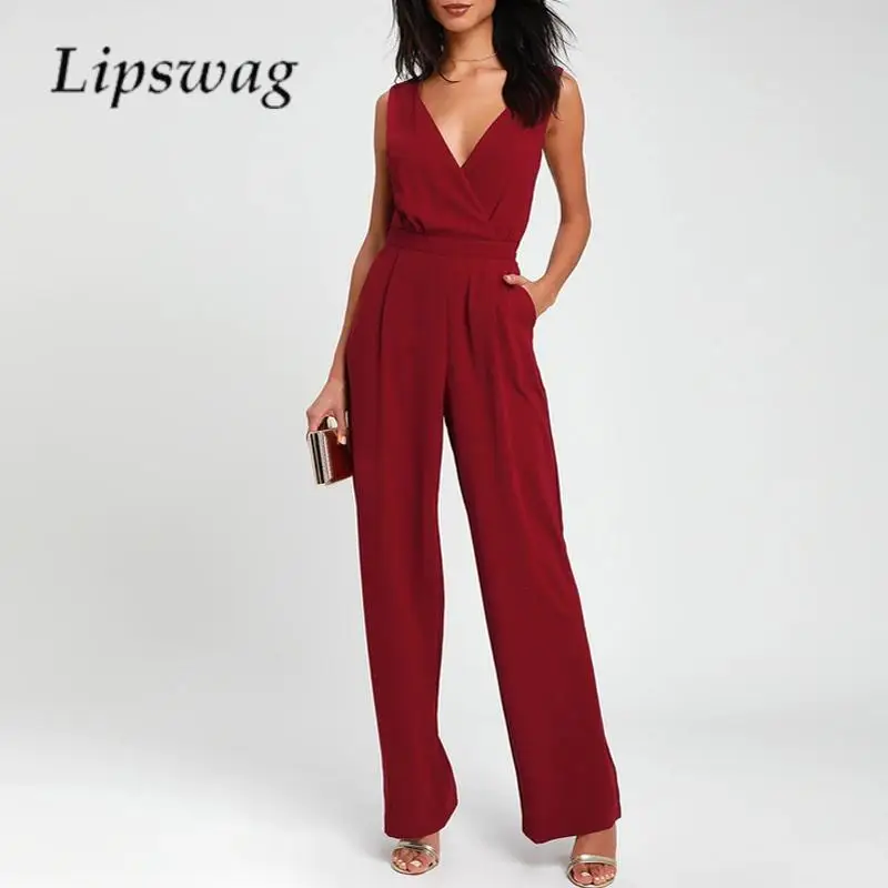 

Sexy V Neck Sleeveless Wide Leg Pant Playsuit Overall Elegant Office Lady Commuter Jumpsuit Summer Solid Color High Waist Romper