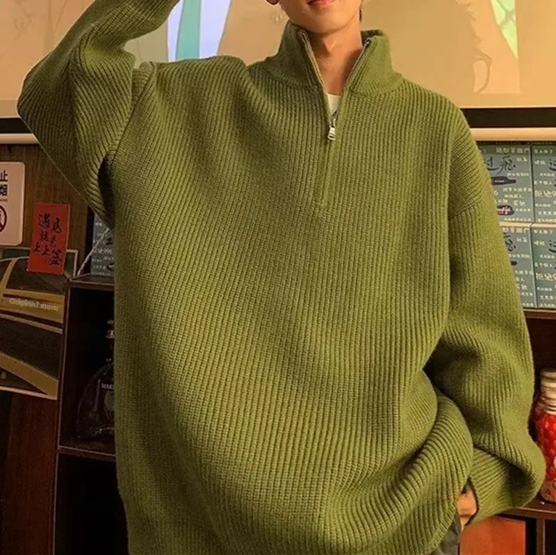 Модный мужской свитер с высоким воротником-поло на молнии свободное вязаное