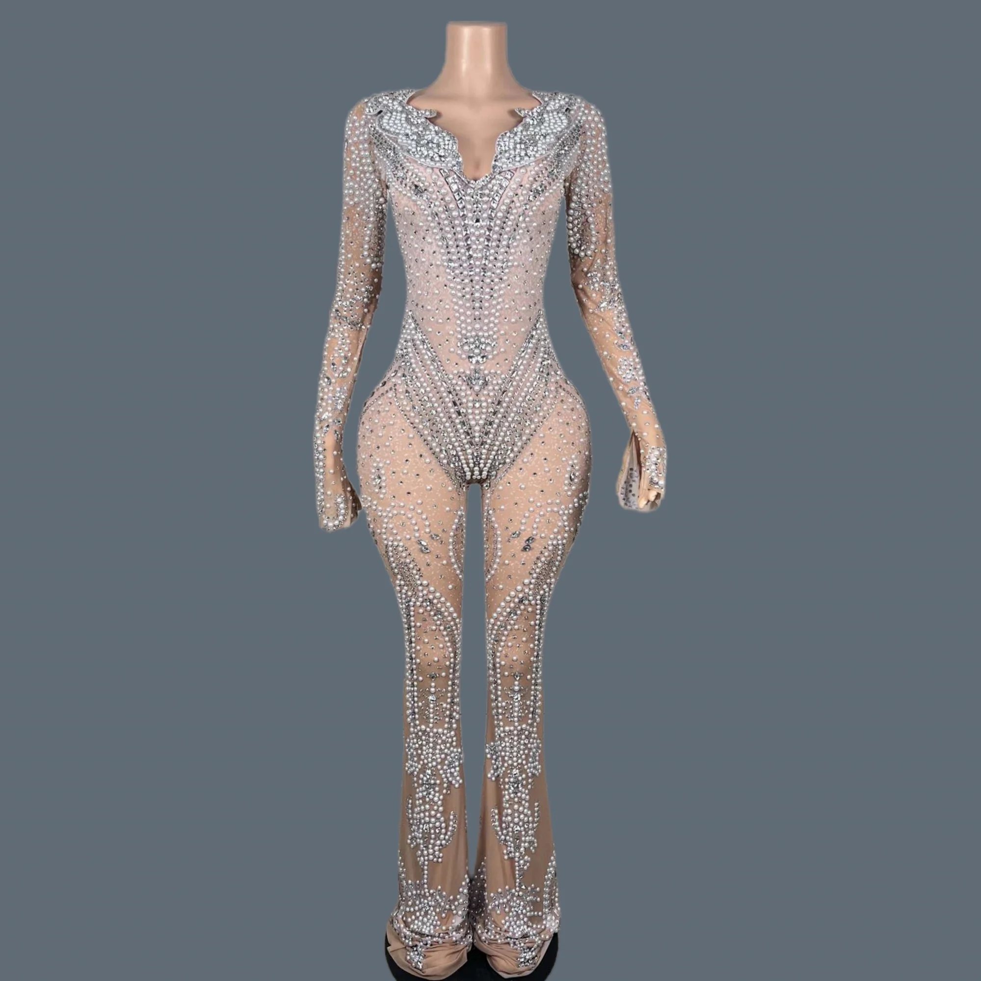 Высококачественные сетчатые брюки-клеш с жемчугом и стразами женская вечеринка