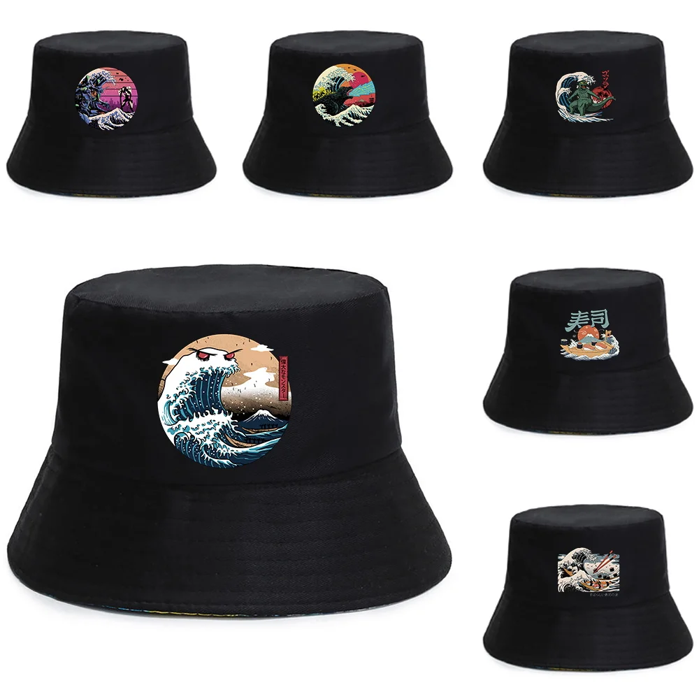 

Men's Panama Hat Reversible Bucket Hats Unisex Fishing Caps Bob Chapeau Femme Fisherman Hats Sunscreen Caps Wave Pattern