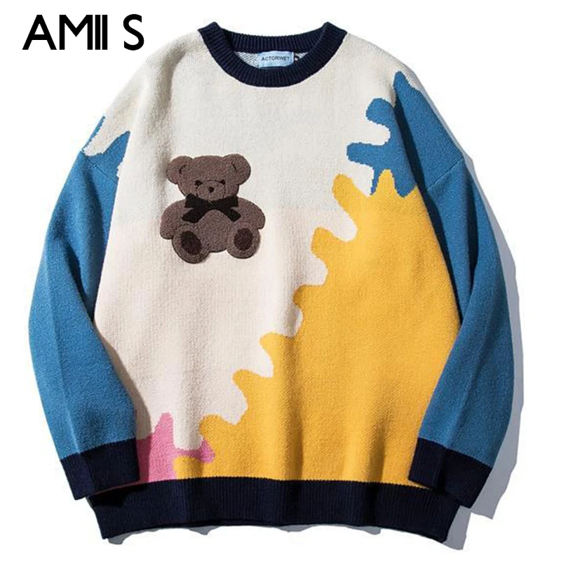 

Japanese oversize sweater men's autumn and winter new 2021 fashion bear color-blocking pullovers couples warm knitwear