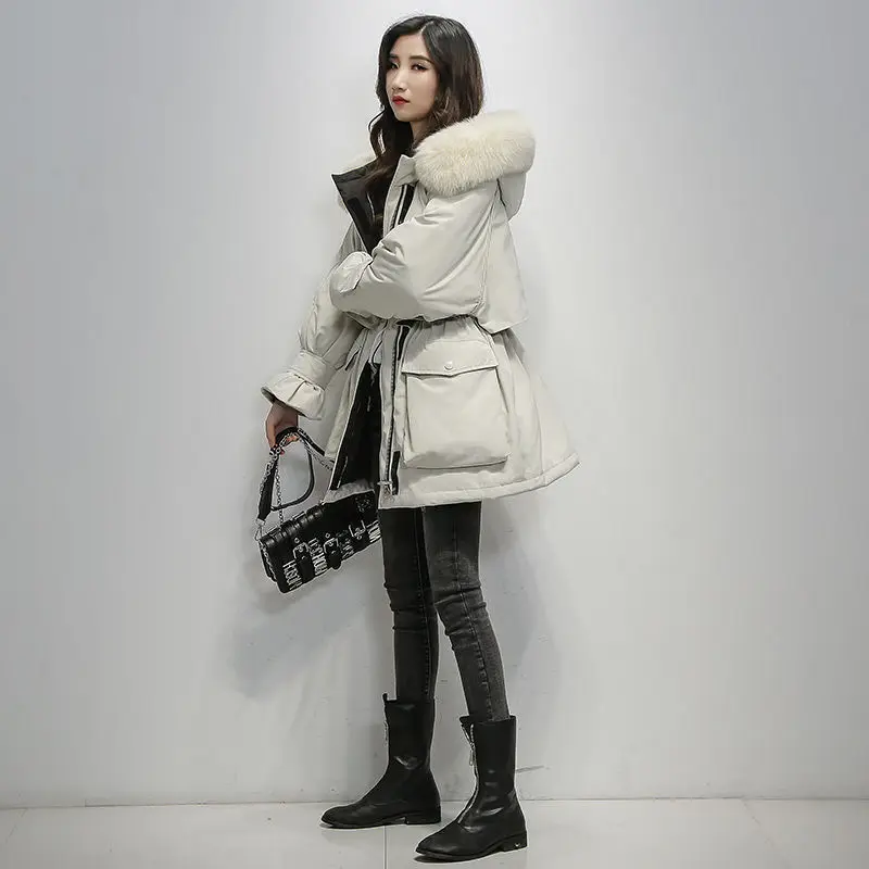 Real fox fur white eiderdown Parker down jacket women's medium length 2022 new loose and thick Korean version big size coat