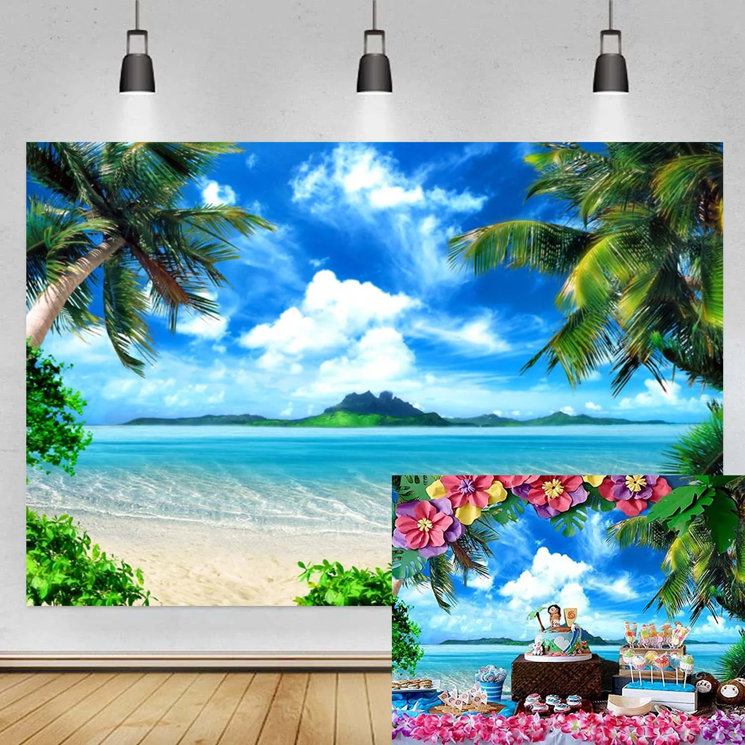 

Summer Beach Backdrop Palm Trees Leaves Blue Sea and Sky Scene Wedding Party Vinyl Photography Background Photo Studio Props