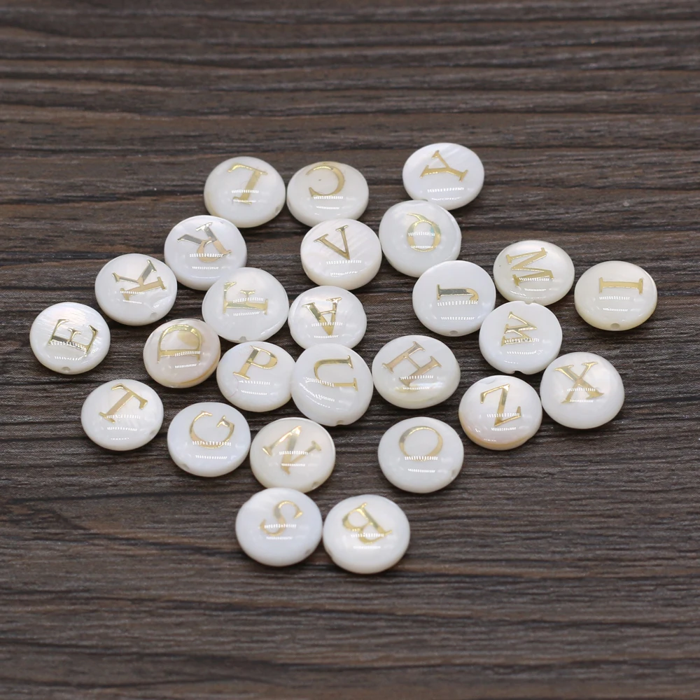 50 PCS Natural Shell Round Name Letter Holes Beads 8x8mm for DIY Jewelry Making Necklace Bracelet Gift Accessories Gift