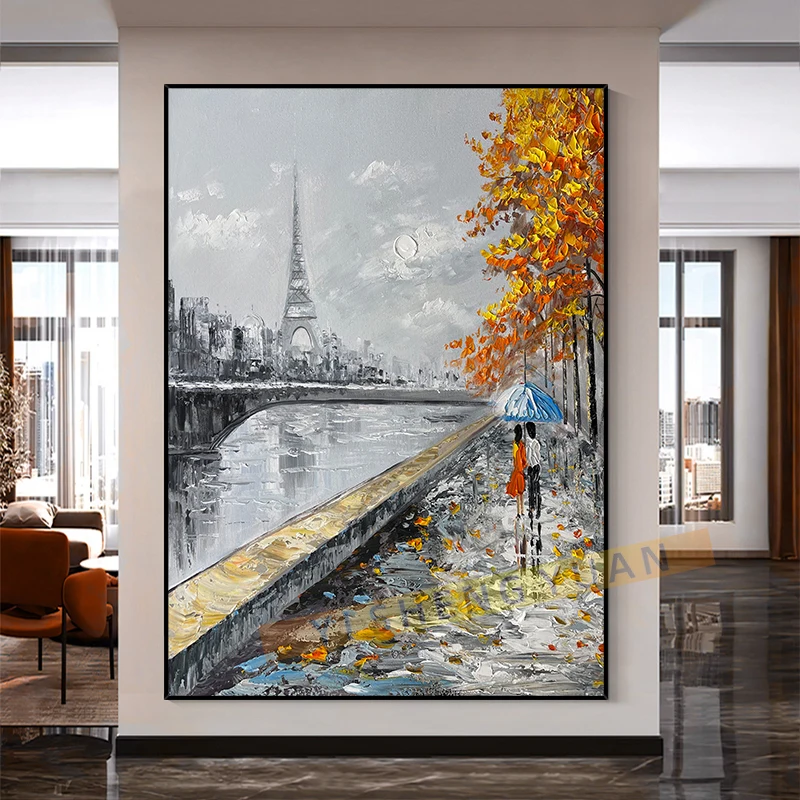 

100% Handmade Landscape Abstract Oil Painting Eiffel Tower Artwork Canvas Wedding For Living Room Decoration Wall Art Unframed