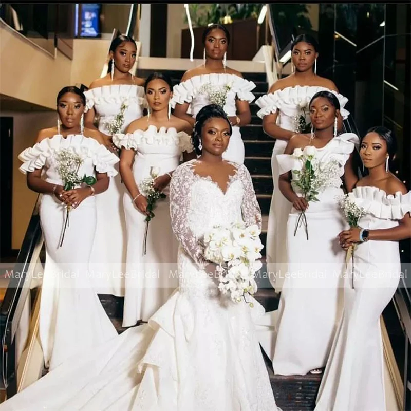

Белое платье подружки невесты с юбкой-годе, с оборками на вырезом, африканские женщины, большие размеры, длинное платье подружки невесты, свадебные платья