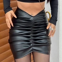 2022 fashion black pu leather women skirt summer autumn club elegant temperament pleated bag hip high waist short mini skirt