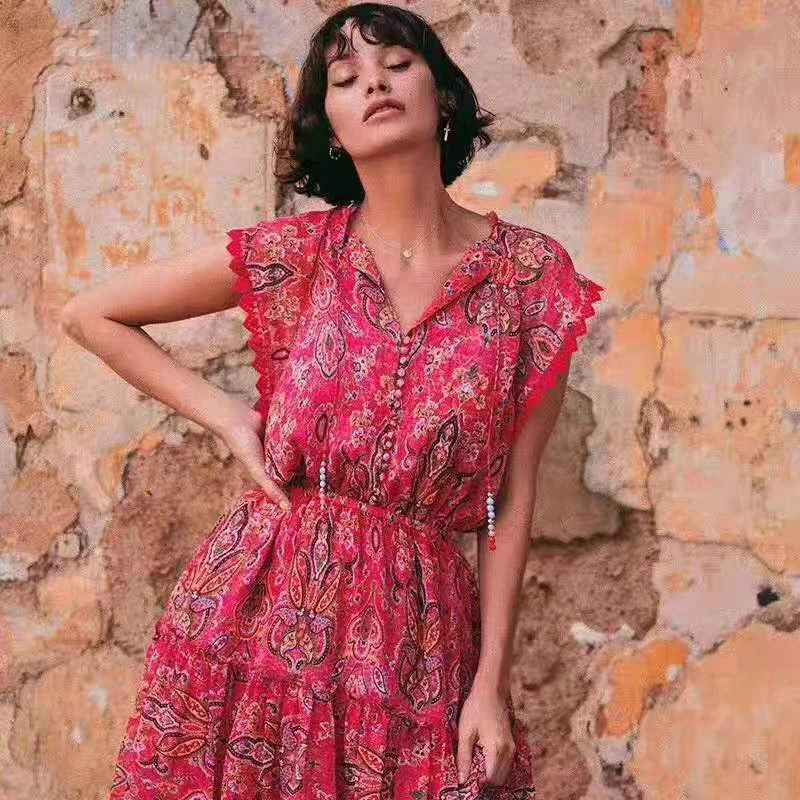 

2022 Bohemian Style Beaded Lace-up Elastic High-waisted Silk Mini Dress