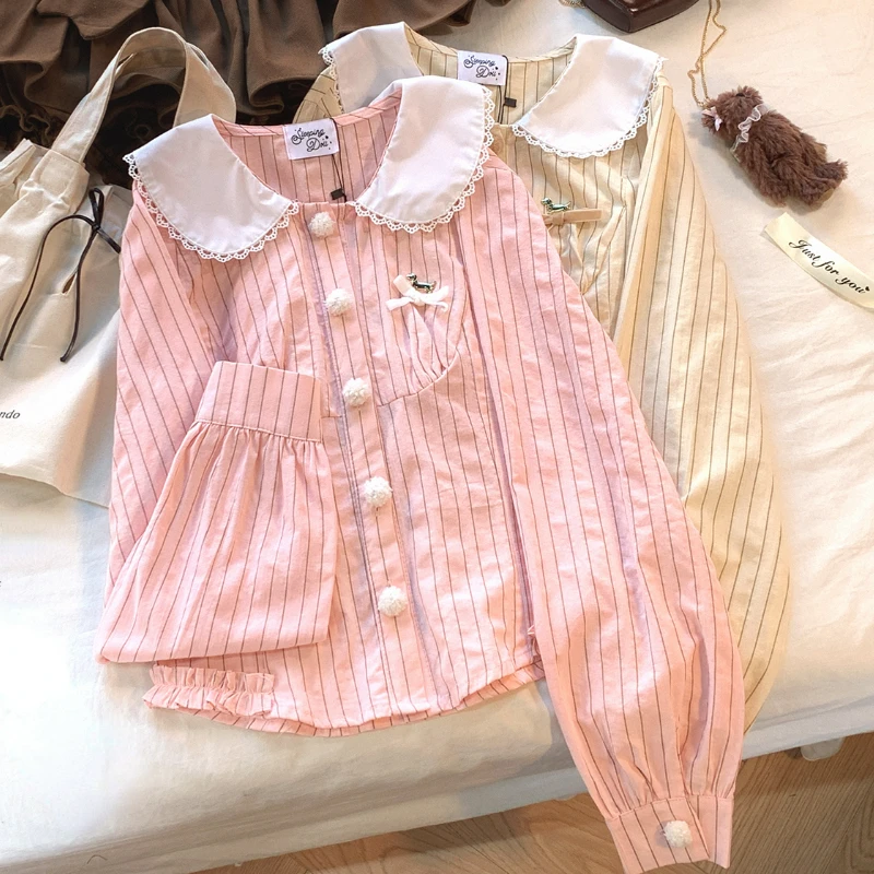 Женская полосатая блузка в японском стиле кружевная Питер Пэн с воротником