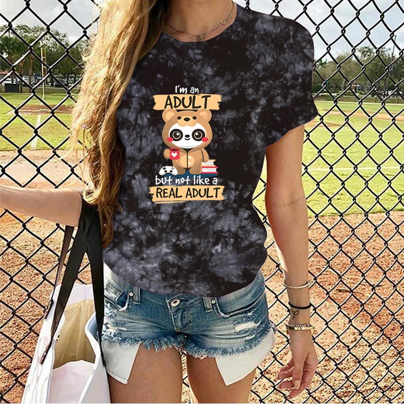 

Adult Panda Bear Print Tiedyed T-Shirt Women Grunge Y2K Leisure Tee Fashion Casual Young Girl Streetwear Woman Aesthetic Tops