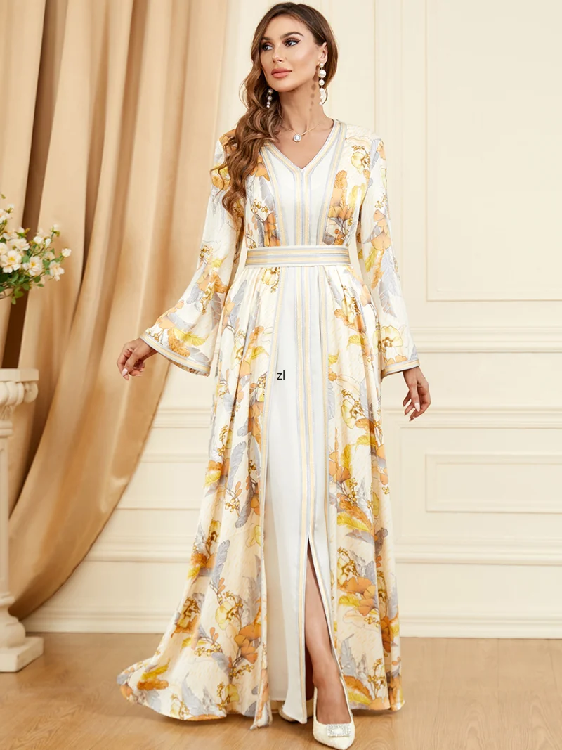Floral 2 Piece Set Moroccan Kaftan Braided Trim Abaya Long Dress Gulf Jalabiya Evening Gowns for Women Ramadan Eid Muslim Sets