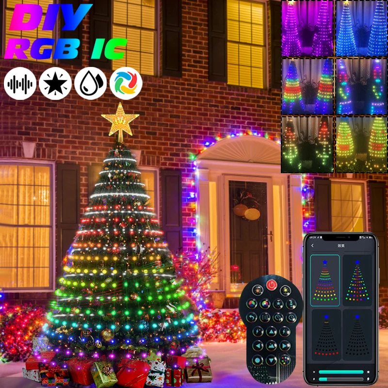 Text Smart DIY Display Christmas Tree Light APP Bluetooth LED String Waterfall Xmas RGB IC Fairy Toppers Light Holiday Decoratio