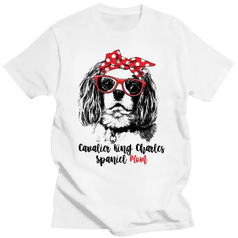 

New 2021 Women Funny Pet Dog Lover T-Shirts Cavalier King Charles Spaniel Mom Red Polka Dot T-Shirt Cute Girl Casual White Tee s