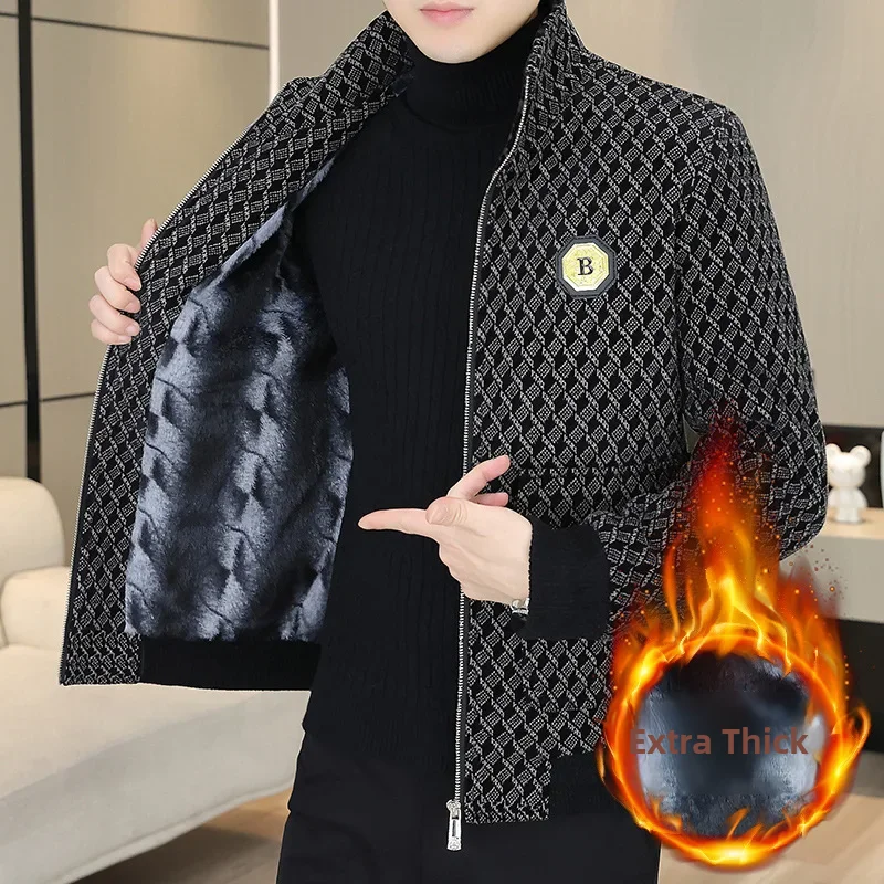 2023 Autumn/winter New Fleece-lined Thickened Warm Stand Collar Jacket Casual Home Clothes Light Business Men's Wear