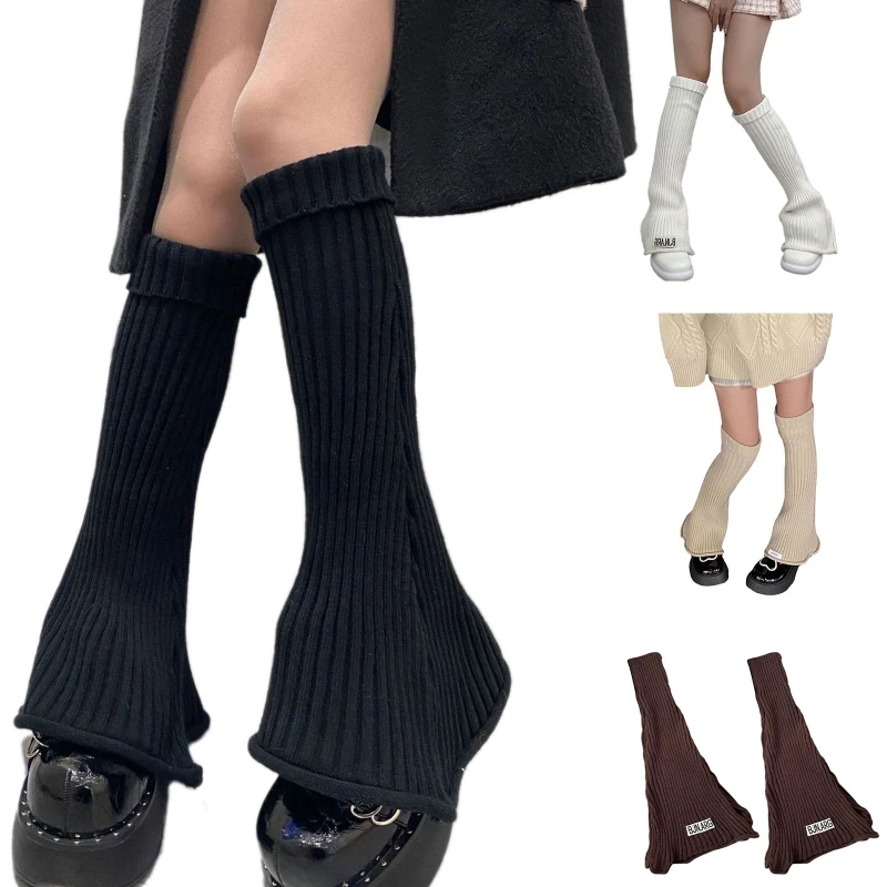 

Women Harajuku Chunky Ribbed Knit Flare Leg Warmers Solid Color Striped Turn Cuff Foot Cover Gothic Street Slim Footless Knee