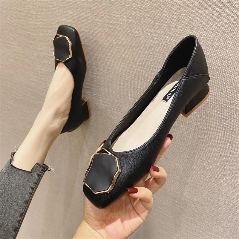 

Girls Autumn New Square-toe Slip on Low-heeled Pumps Ladies Solid Concise Soft Leather Single Shoes for Female Office Lady