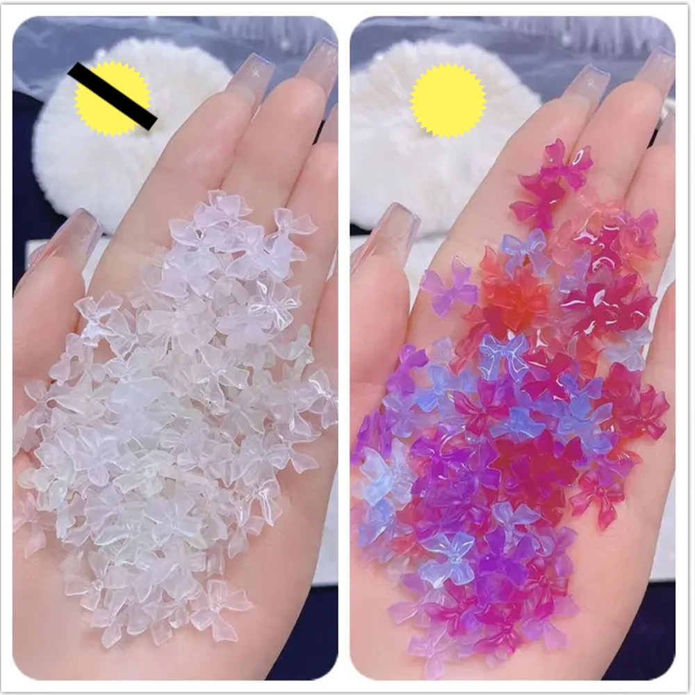 

100Pcs UV Discoloration Bow Nail Jewelry Translucent 3D Sensitive Light Change Tie-knot Nail Decoration Parts Resin Nail Charm+7