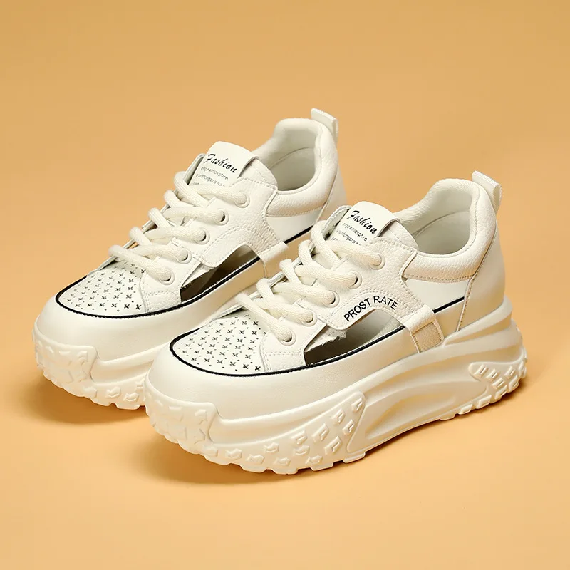 7cm Genuine Leather Platform Wedge Woman Comfortable Fashion Breathable Women Chunky Sneakers Summer Hollow Leisure Women Shoes