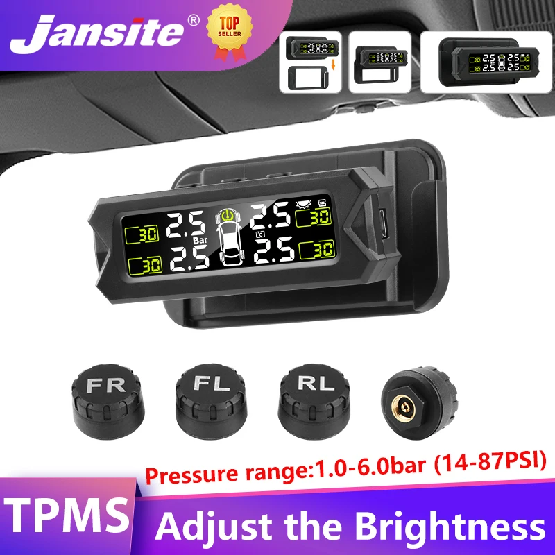 

Jansite Smart Car TPMS Alarm Tire Pressure Monitoring System Solar Power LCD Display Auto Security Gauge Adjust the Brightness