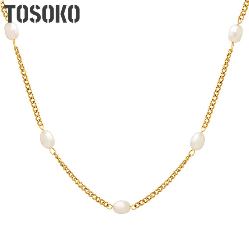 

TOSOKO Stainless Steel Jewelry Flat Chain Freshwater Pearl Splice Chain Necklace Women's Fashion Collar Chain BSP1334