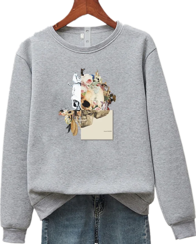 

Unisex McQueen Skull Letter Printed Long Sleeve Crew Neck Pullover All-match Sweatshirts S-4XL